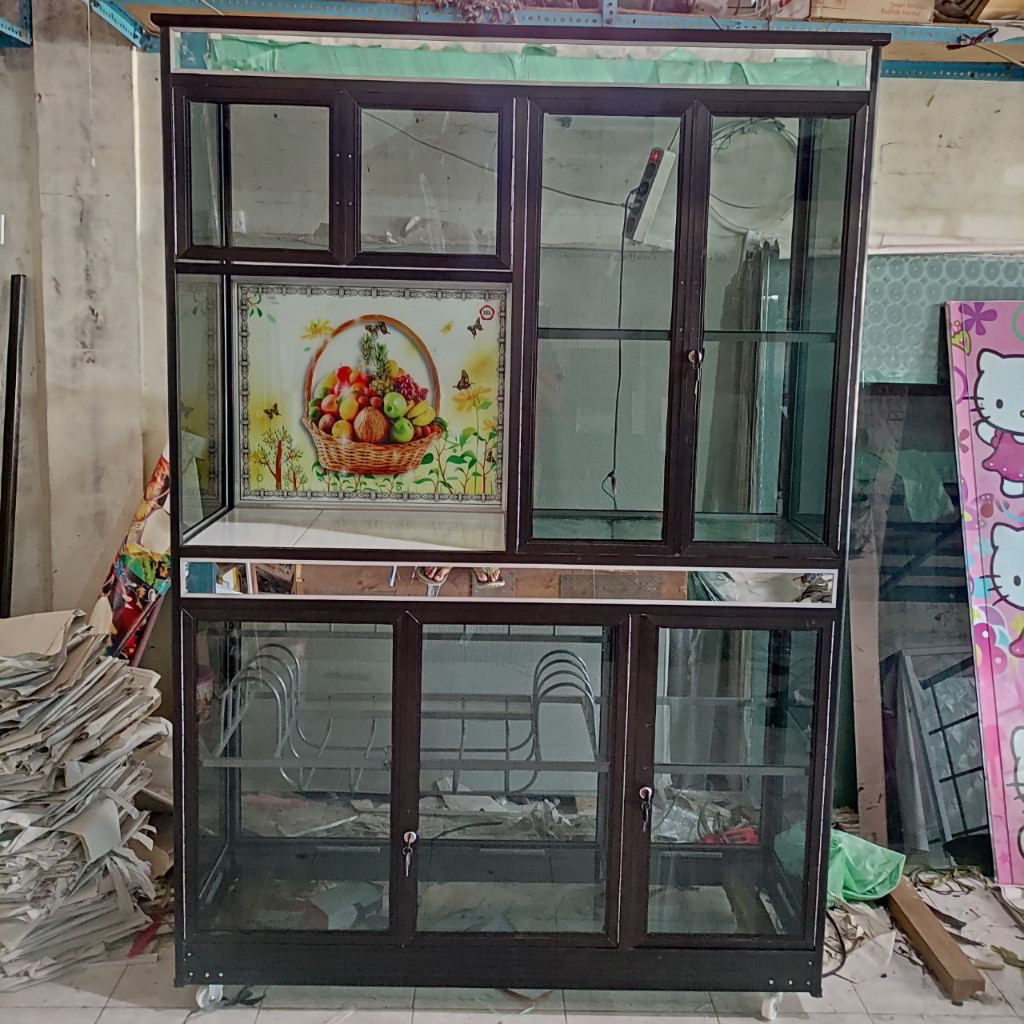 RAK PIRING BOX JUMBO 7 PINTU, KACA RIBEN / GELAP MOTIF STIKER LEMARI DAPUR RAK PIRING KRAMIK PLUS RO