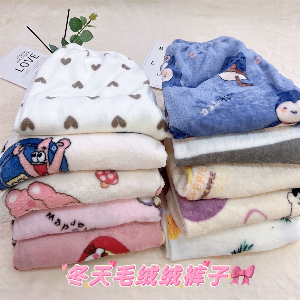 Winter Warm PJ Pants Fluffy Flannel Home Trousers Cartoon Print Pajama Pants For Women Girls Y2K Cut