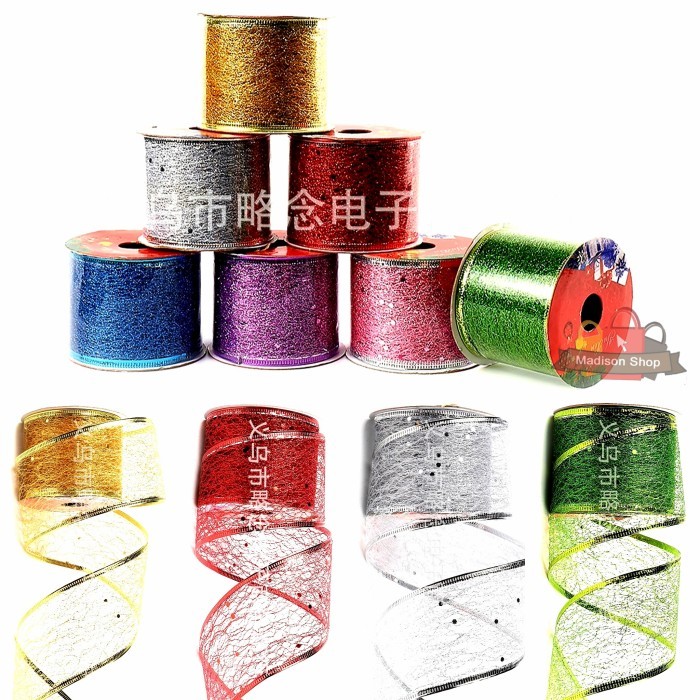 

Pita Natal Kawat Jaring Halus Dekorasi Pita Kado Merah Emas Ribbon - WARNA RANDOM, HALUS 2.5 CM