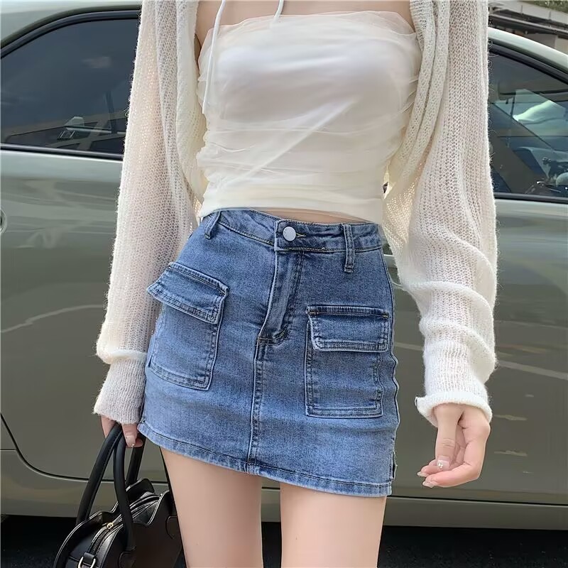 Celana Rok Wanita Pendek Jeans Rok Pendek Miniskirt Denim Jeans Kancing Lipit Gaya Korea
