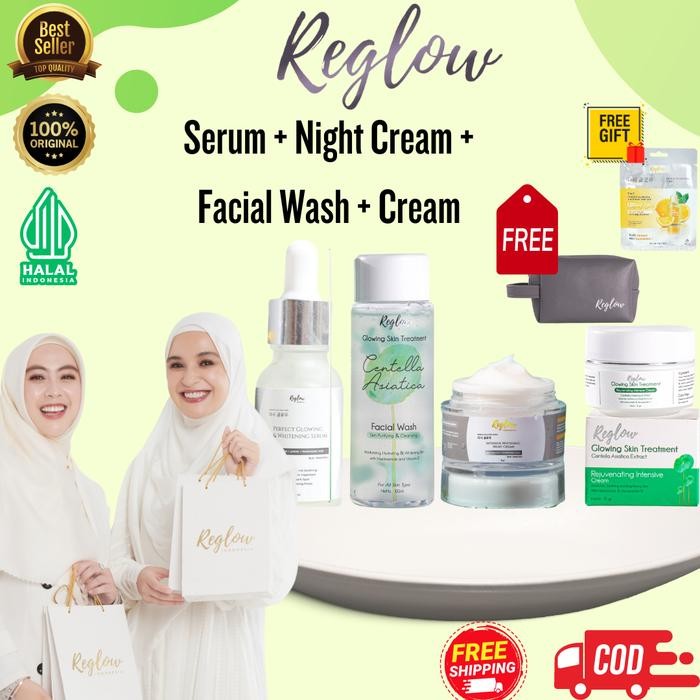 Reglow Skincare Resmi Paket Combo Glowing Treatment Nigh Cream Intensive Krim Facial Wash Serum With