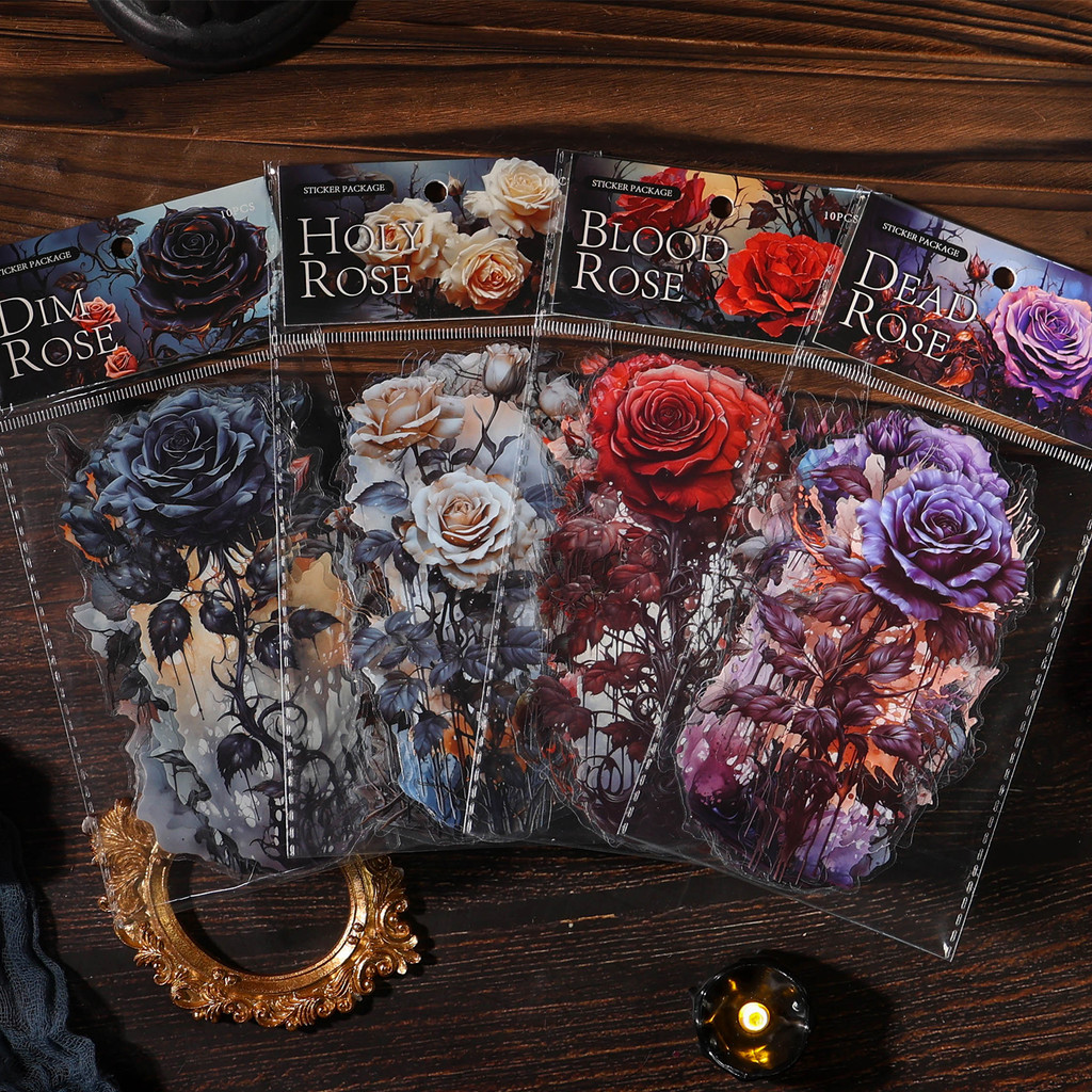 

10pcs Dark Style Large size roses Stickers Decorative Hand Account Scrapbooking material hand made Collage junk journal supplies