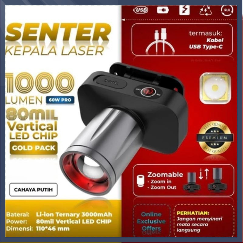 【Penjual Lokal】Senter Kepala LED Headlamp 60w Senter Kepala Zoom Waterproof IPX4 Headlamp 10000 Lume