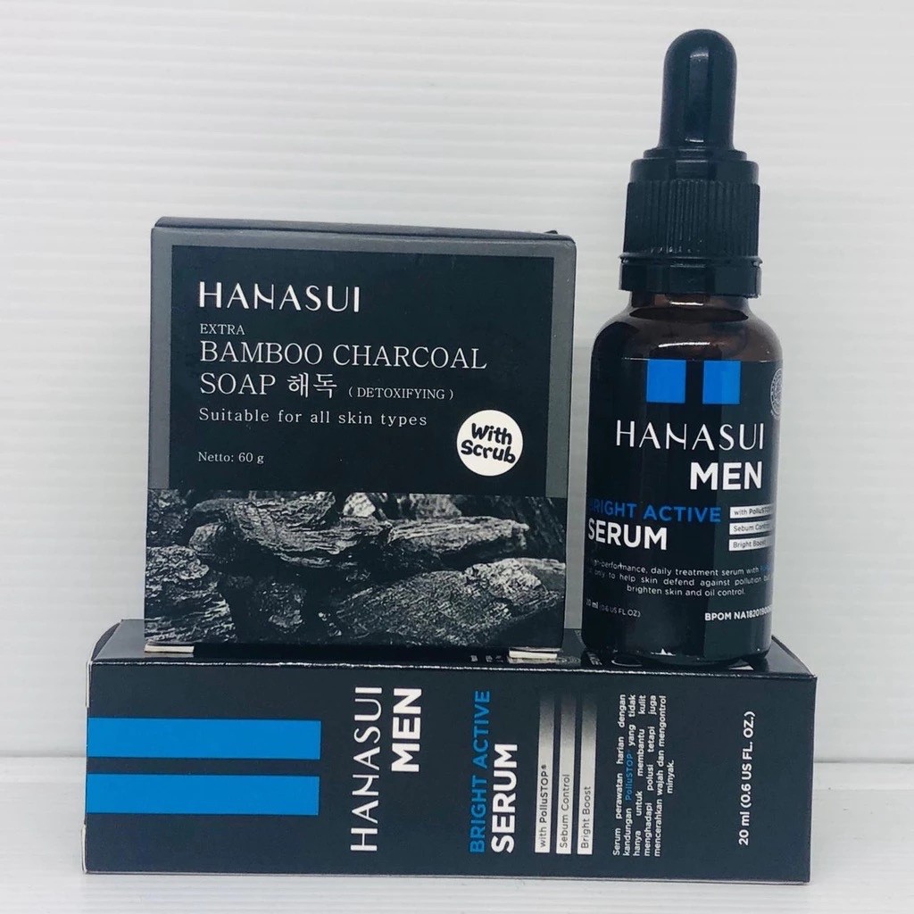 Paket Perawatan Wajah Hanasui 2in1 Pemutih Wajah Hanasui Men Serum & Sabun Bamboo Charcoal Ori