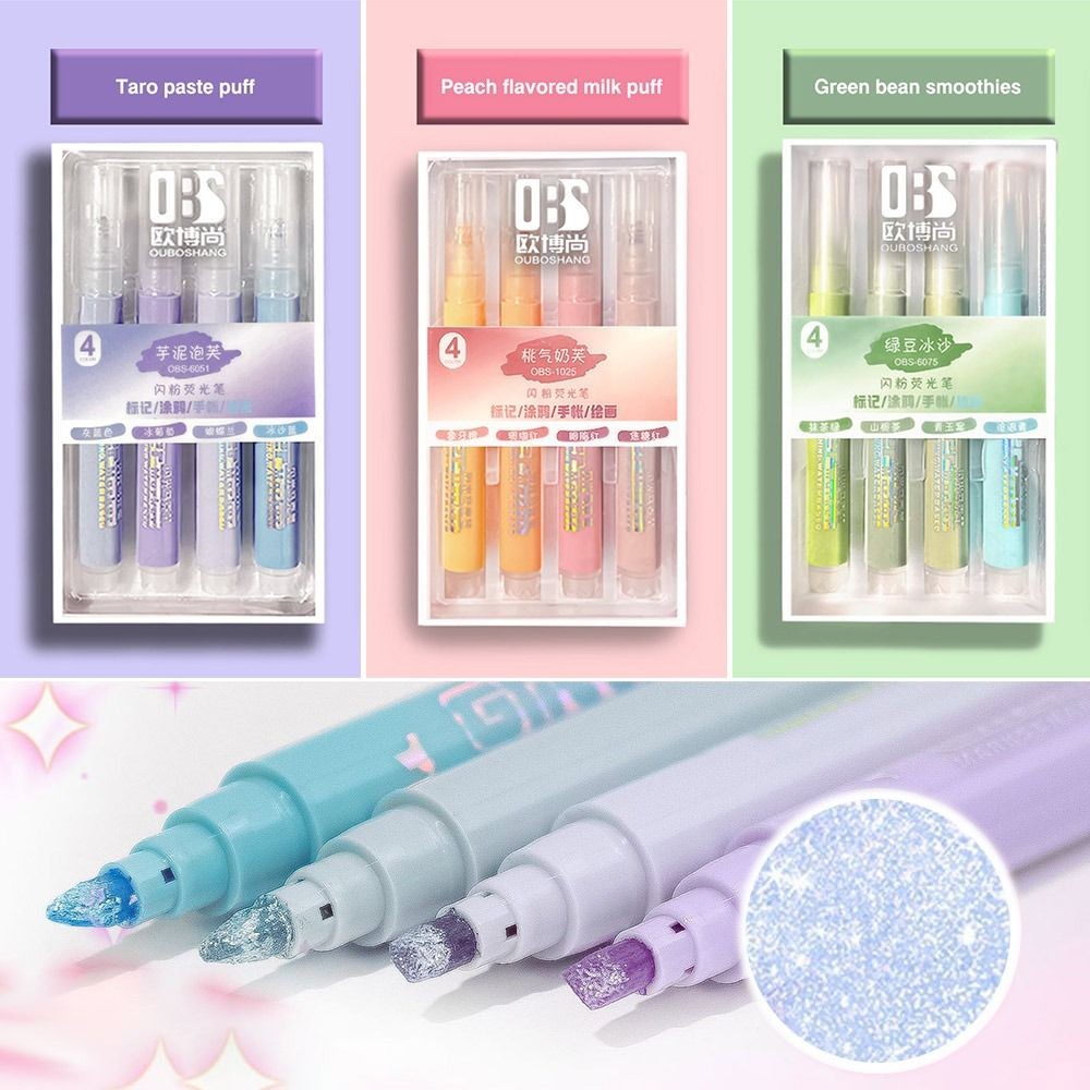 

4PCS/Set Glitter Highlighters Students Draw Doodle Pens Colorful Shiny Fluorescent Pen High Gloss Pen School Office Supplies