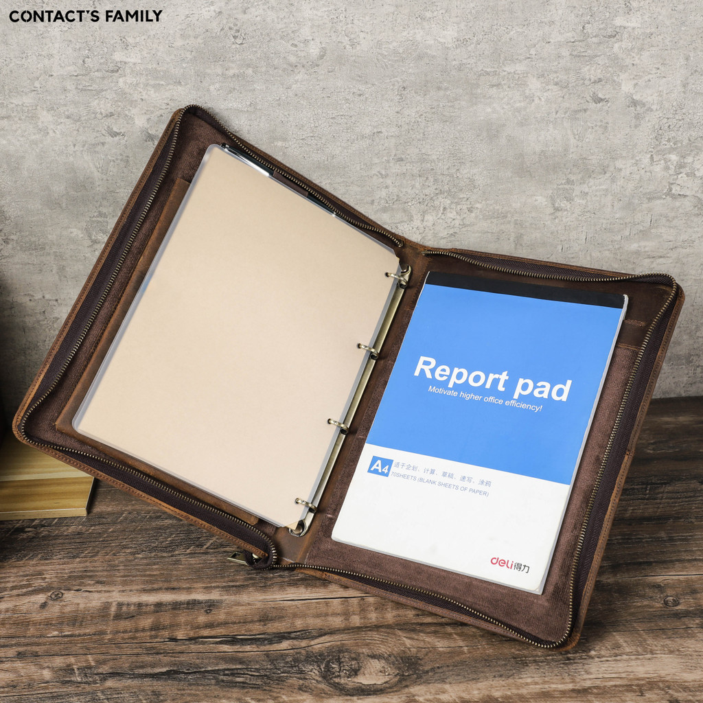 

Luxury Retro A4 Cowhide Business Leather Portfolio with 4 Ring Binder Sketchbook Paper Pen Holder Ipad 11 pro Zipper Travel Case
