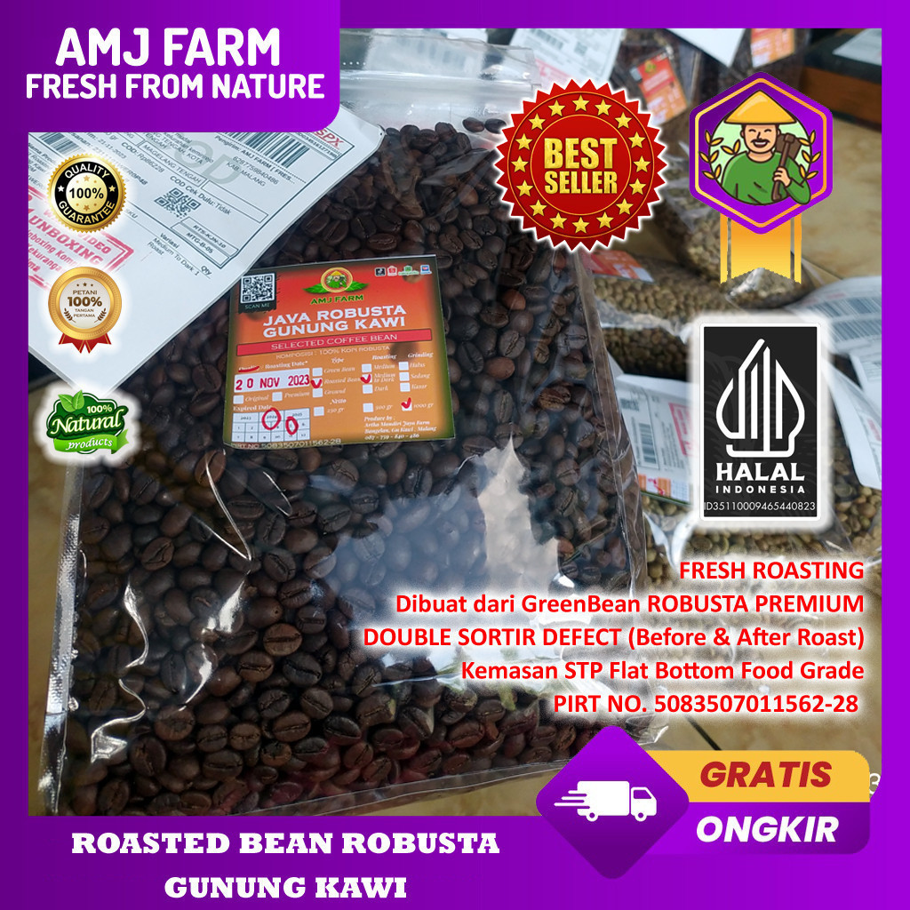 

1 Kg Roasted Bean Kopi Robusta Gunung Kawi Petik Merah / Kopi Sangrai AMJ FARM
