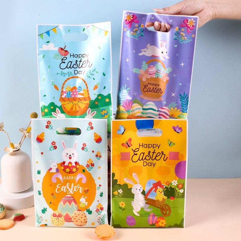 

10/20/50pcs Happy Easter Gift Bags with handles, Easter Bunny Plastic Party Favor Bags for Kids Eggs Hunt, Easter Party Supplies