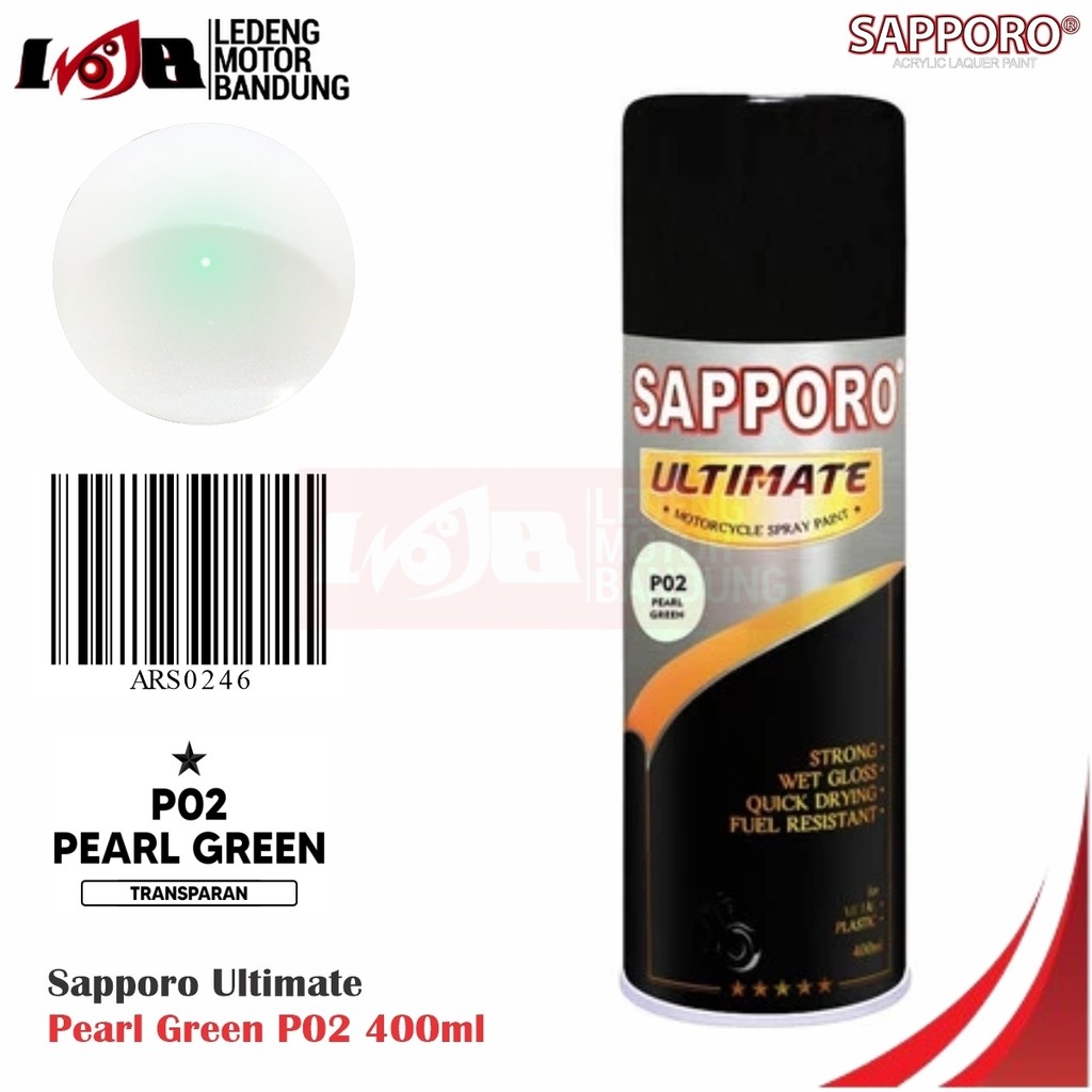 

Sapporo Ultimate Pearl Green P02 Transparan Cat Semprot Mutiara Pilok Metal Plastik Aerosol Spray