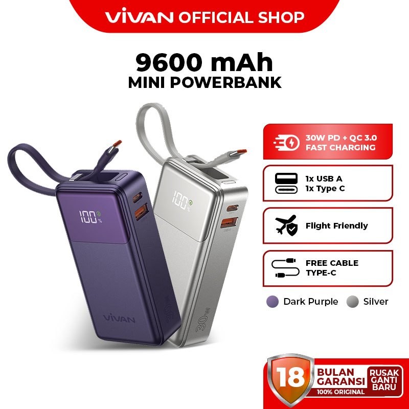 [ VIVAN C10 PRO ]- VIVAN Mini Powerbank VPB-C10 PRO 9600mAh 30W Fast Charging PD QC3.0 Type C Built-