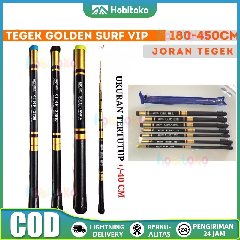 Joran Pancing Tegek Surf Golden  270 360 450 Cm Ruas Pendek Ringan Dan Lentur Tegek Ros Pendek Surf 