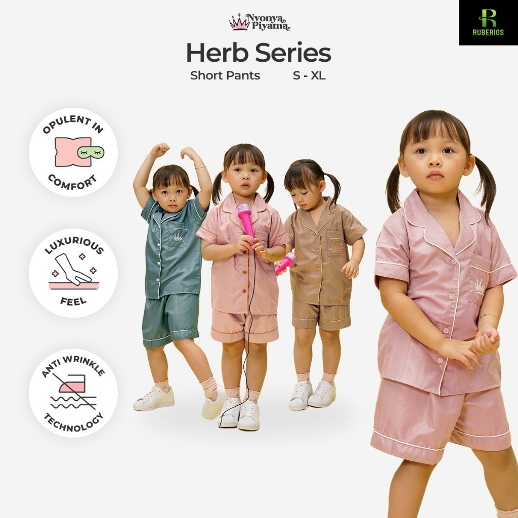 [BEST SELLER] Nyonya Piyama Poly Bamboo Set Piyama Celana Pendek Anak (Polos Herb)