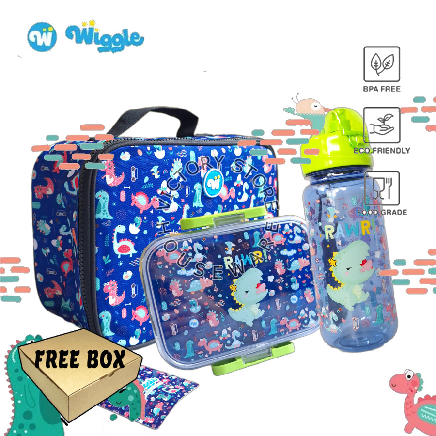 WIGGLE  Lunch Box Paket Hemat Dino Hello Lunch Box Bag Bottle Kotak Bekal Lock Botol Tas Lunch Bag