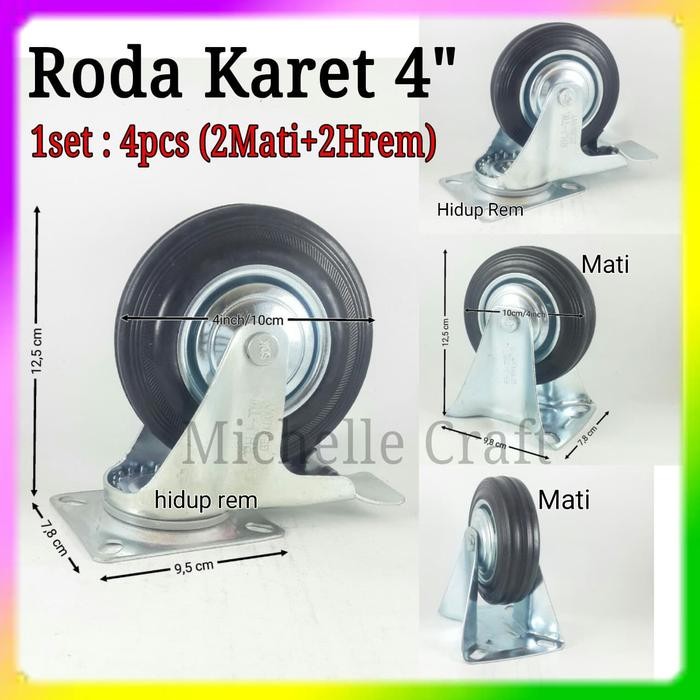 Roda troli 4" inch 1set 2m+2hrem roda gerobak / roda karet 4 inch