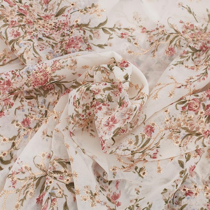 

2 Yards/1.8m Embroidered Eyelets Chiffon Fabric 60inch Rice White Flower Embroidery Fabric Floral Printing Trim for Sewing DIY