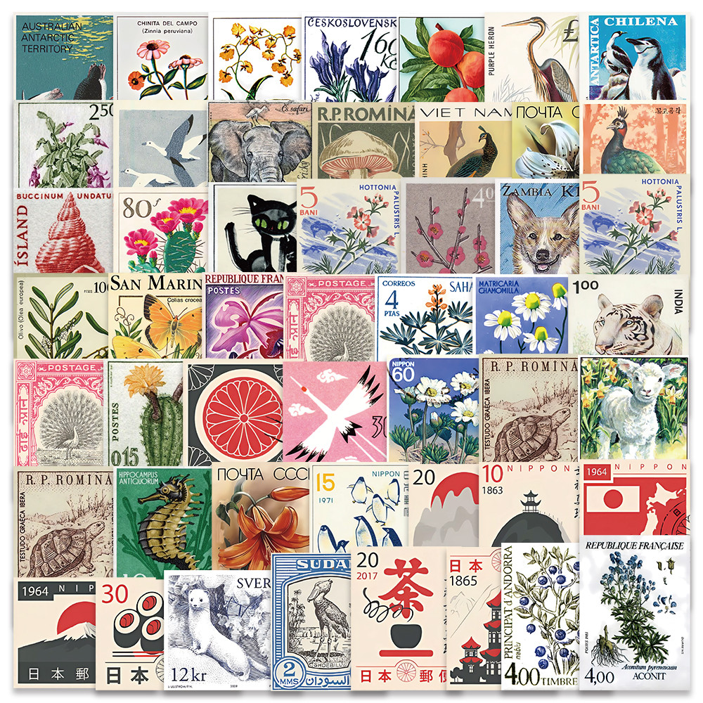 

50PCS Retro Animals Stamp Vintage Art Cat FlowersStickers DIY Aesthetic Graffiti Decals Scrapbook Diary Bottle Gift Sticker
