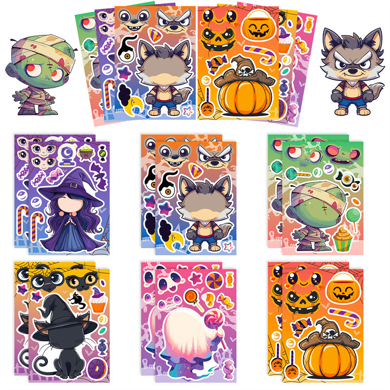 

Halloween Stickers for Kids DIY Pumpkin Witch Ghost Cat Make A Face Stickers Halloween Characters Room Party Decoration Stiker