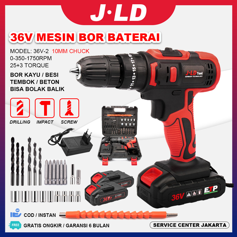 JLD 36vf Mesin Bor Baterai Tangan Cordless Drill impek baterai komplit 10mm bor beton/kayu/dinding/t