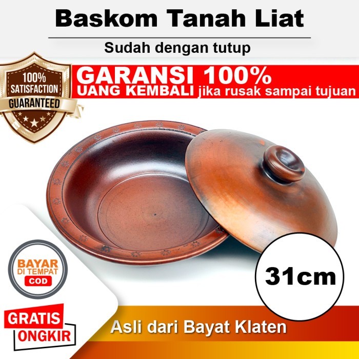 Baskom Tanah Liat Gerabah + Tutup Diameter 31 cm Untuk Tempat Sayur Saji Wadah Makanan Prasmanan