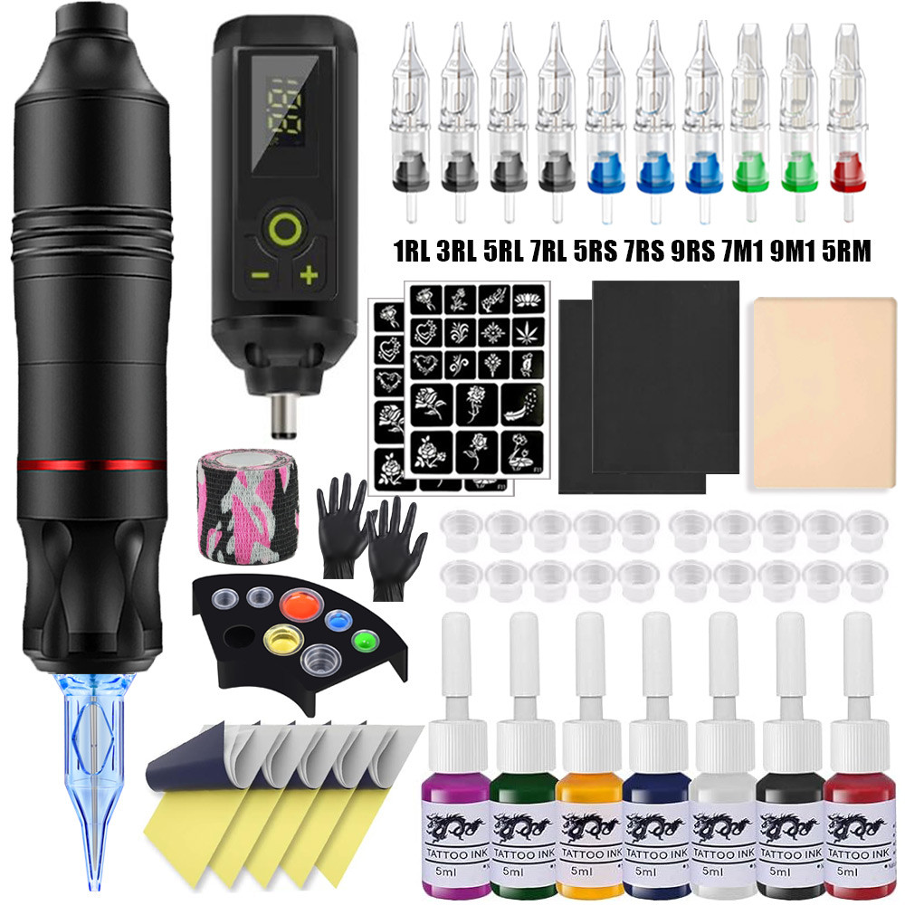 Professional Wireless Tattoo Gun Kit Rotary Tattoo Pen Kit with Tattoo Needle Ink for Permanent Make