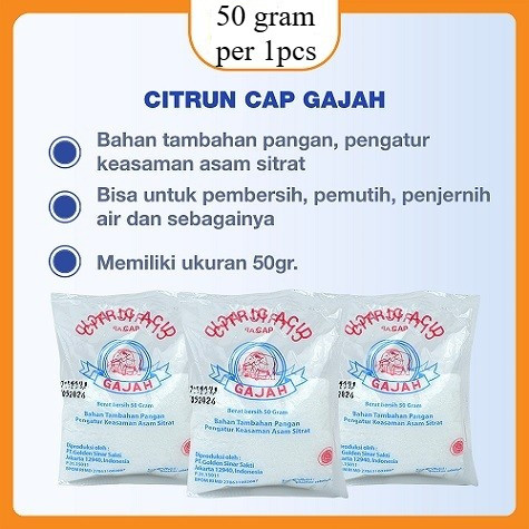 

Citrun asam / Sitrun / Citrid Acid / Penjernih air Sachet 50gr / Pembersih pakaian / Cap Gajah per pcs