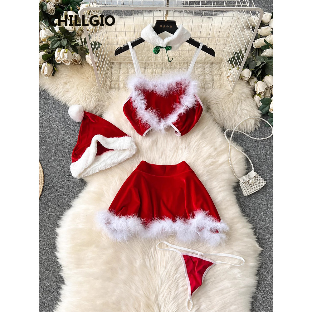 CHILLGIO Women Velour Sexy Christmas Skirt Suits Fashion Camisole A Line Skirt Hat Fur Patchwork Nig
