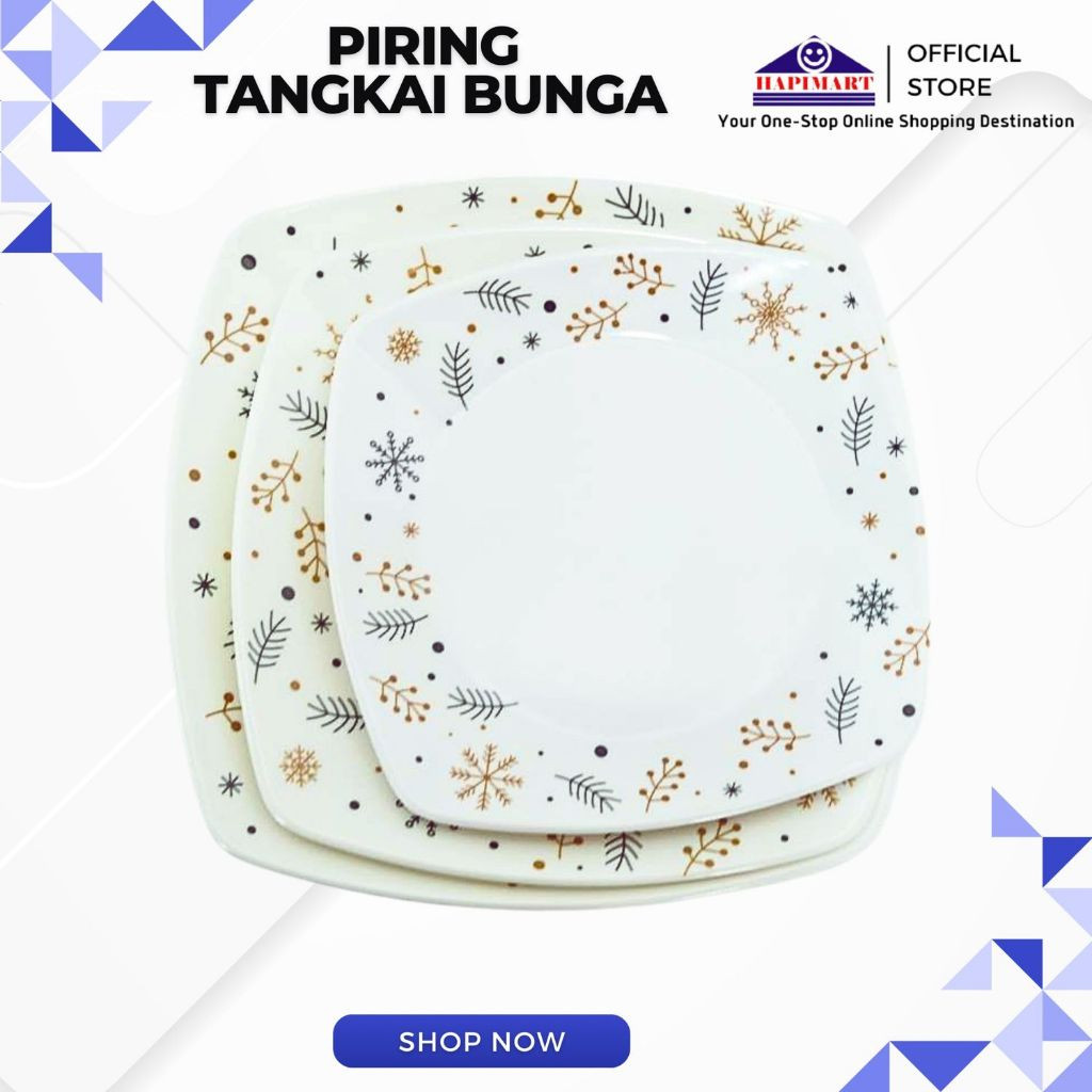 Piring Melamin Persegi Satuan Motif Tangkai Bunga/Piring Makan Persegi Dangkal/Piring Plastik Bermot