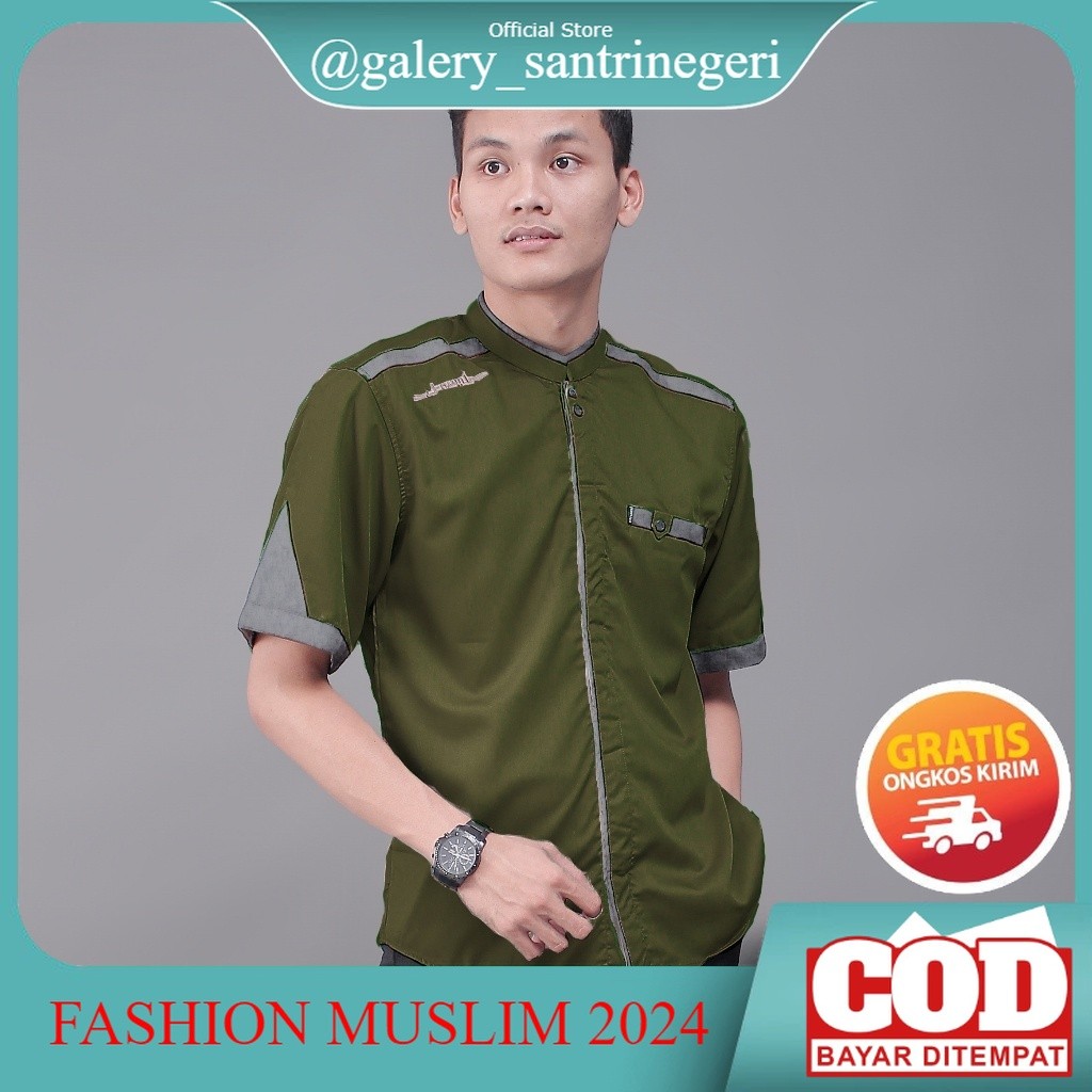 NEW Baju Koko Pria Lengan Pendek Kombinasi Bordir Warna Army Motif Yisunsin