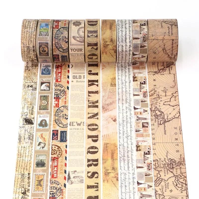 

NEW 1PC 10M Decorative Vintage Kraft Script Newspapers Stamps Map Masking Washi Tape Adhesive Stickers Cute Journal Stationery