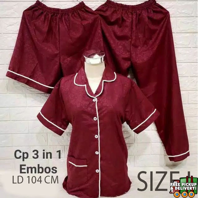 ISANNY PIYAMA SET SATEN EMBOS 3IN1 SIZE L / PIYAMA DEWASA / READY WARNA TERBANYAK