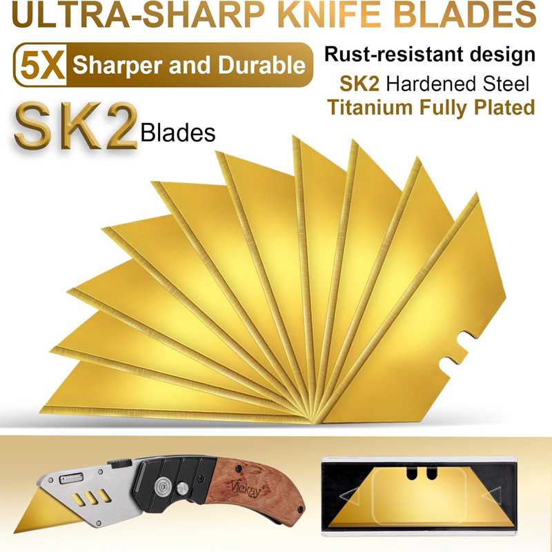 

10pcs Utility Knife Blades, Heavy Duty Box Cutter Replacement Blades, SK2 Steel with Titanium Fully Coating, Standard Size