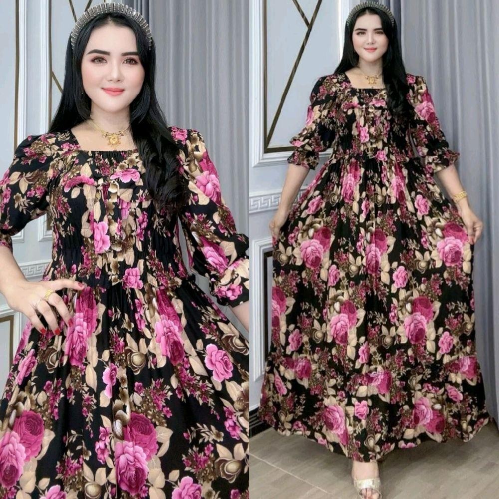 Baju Wanita Semuk Pita Aberta Pakaian Dress Katun Rayon Lengan 7/8 Rempel Leher Kotak