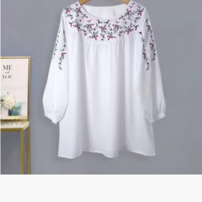 Blouse Wanita Elegan Motif Bordir Bunga Cantik Atasan Tunik Wanita - B putih