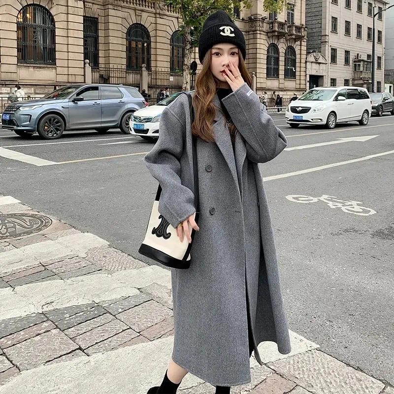Plus Size Pink Woolen Coat Women's Loose Mid-Length Hepburn Style Autumn Winter New Korean Version W