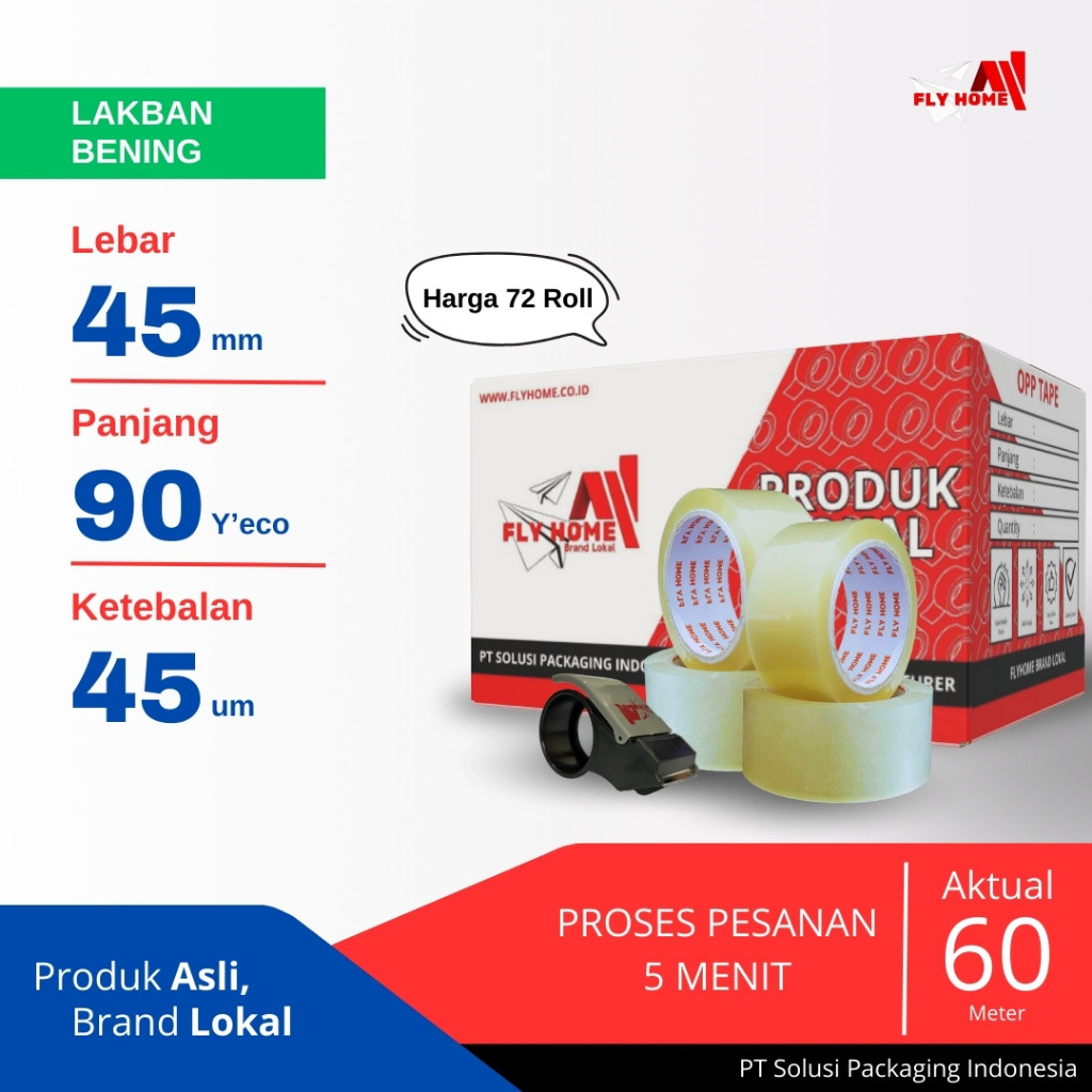 

FLYHOME Lakban bening 1 dus 90yard 45mm x 90yard 2inchi 72 roll 90 yard ECO Cargo