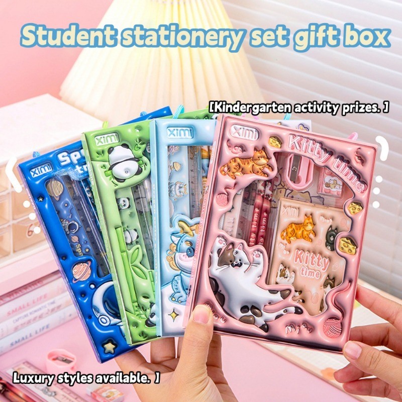 

6Pcs/Set Alat Tulis Set Kartun Lucu Set Pensil Rautan Penghapus Buku Catatan Untuk Anak -anak Perempuan Hadiah Anak Laki