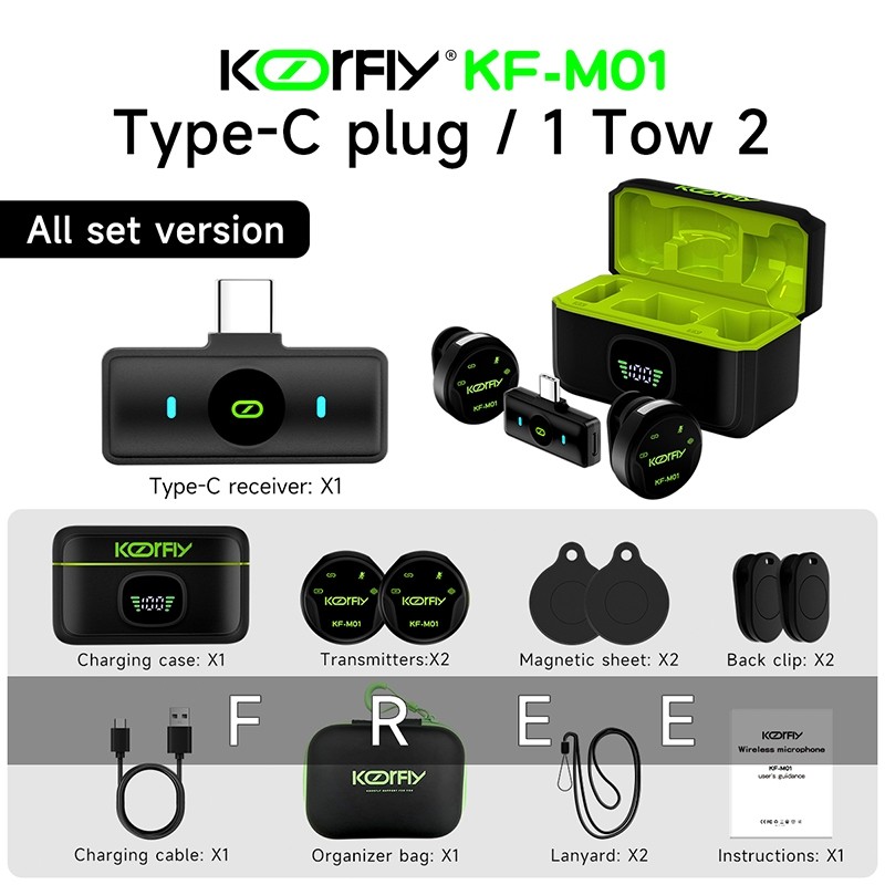 TWS Koorfly Kf-M01 Microphone Konten Kreator  - Jarak 40m & Noise-Cancelling Mode Multifungsi Untuk 