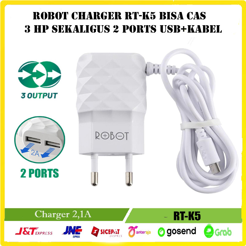 Robot Charger RT-K5 Bisa Cas 3 Hp Sekaligus 2 Ports USB + Free 1 Kabel Micro RT K5