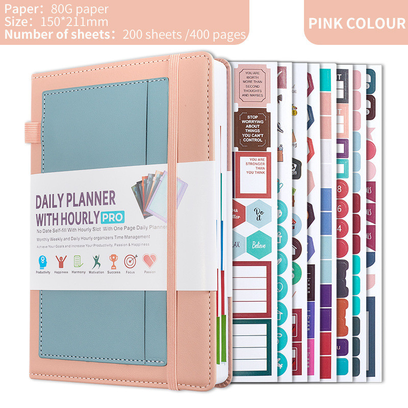 

bib 400pages 2025 Planner with Practical Stickers, Undated Daily Weekly Organizer,Leather Cover with