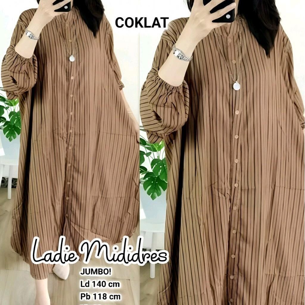 Ladie Long Tunik Jumbo Oversize Motif Garis Salur Busui Full Kancing