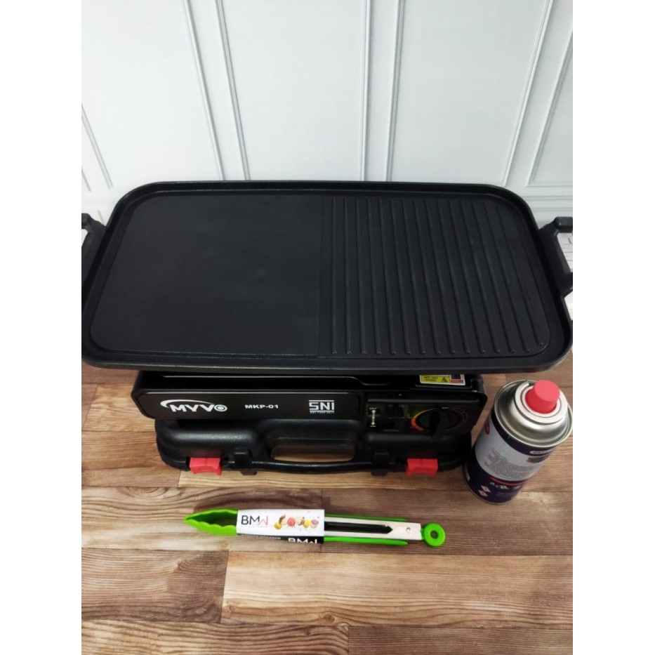 Paket Barbeque BBQ Kompor Myvo + Grill Pan Panjang + Tabung Gas+ Capit - Hitam