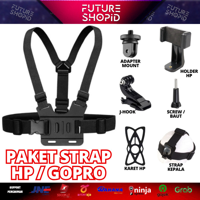 Paket Strap Dada / Kepala+ Holder HP Chest / Head Strap Gopro Action Cam Kogan Xiaomi Vlog Motovlog 