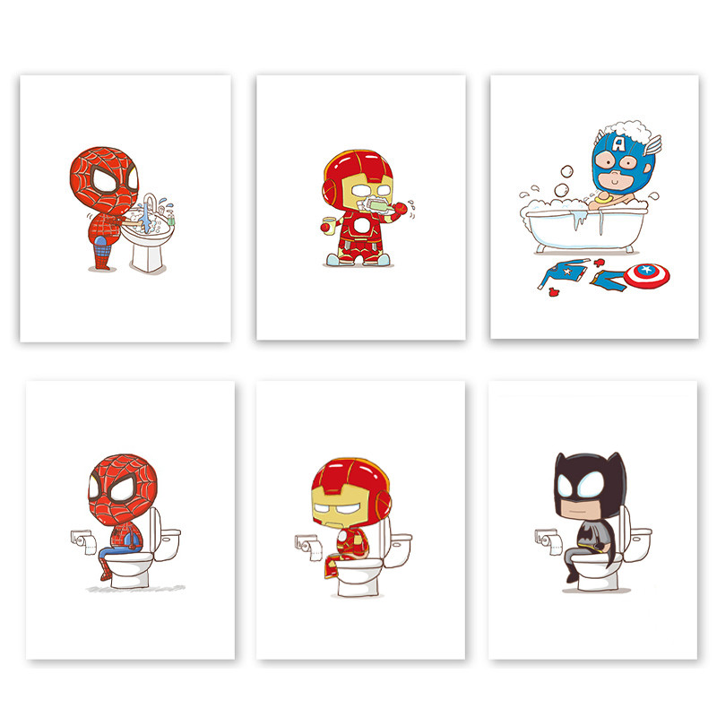 

Marvel Cartoon Superhero Spider Man Iron Man Poster Bathroom Decor Kids Boys Gift Canvas Painting Funny Toilet WC Sign Art Print