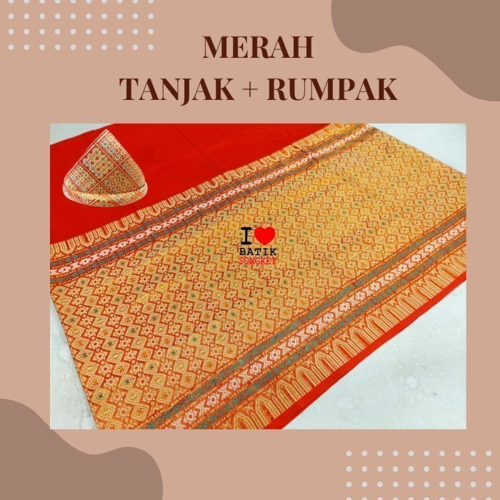 paket sarung rumpak & topi tanjak adat palembang melayu medan songket MerahTenunMesin
