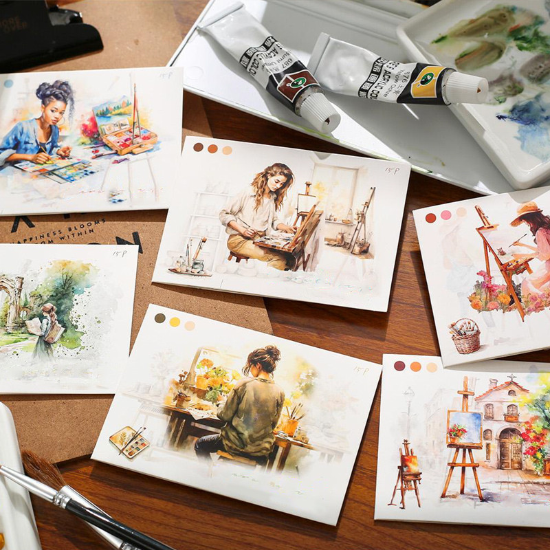 

Mr. Paper 6Style 15Pcs/bag Painting Landscape Character Stickers DIY Material Handbook Journal Card Phone Case Decoration