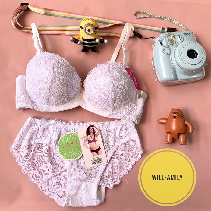 Bra set brukat, bra push up, bra busa tebal, bra kawat busa tebal - Putih, 32