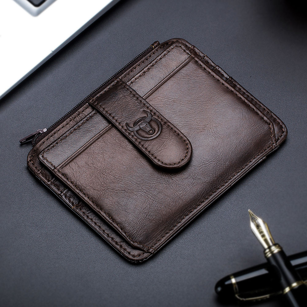 

BULLCAPTAIN Genuine Leather RFID Blocking Zipper Card Holder Credit Cart Wallet Mini Slim Wallet Card & Id Holders Man Business