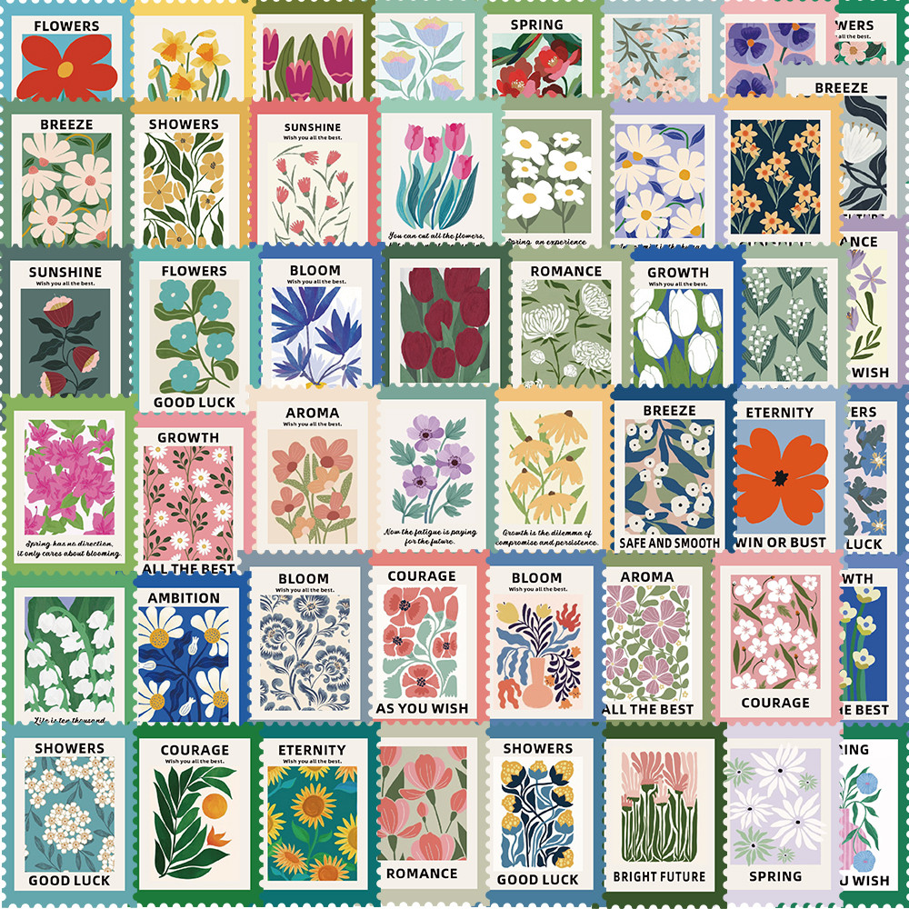 

50PCS Vintage Flower Stamps Sticker PVC Aesthetic Decoration Scrapbooking Stationery Hand Accounting School Supplies for Kid