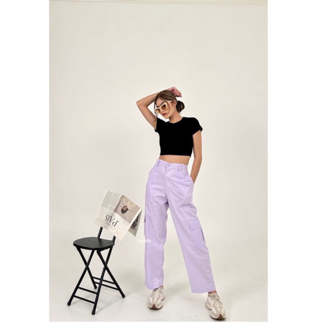 NANTARSHOP HL Cargo Highwaist Soft Purple- Celana Cargo Wanita Realpict