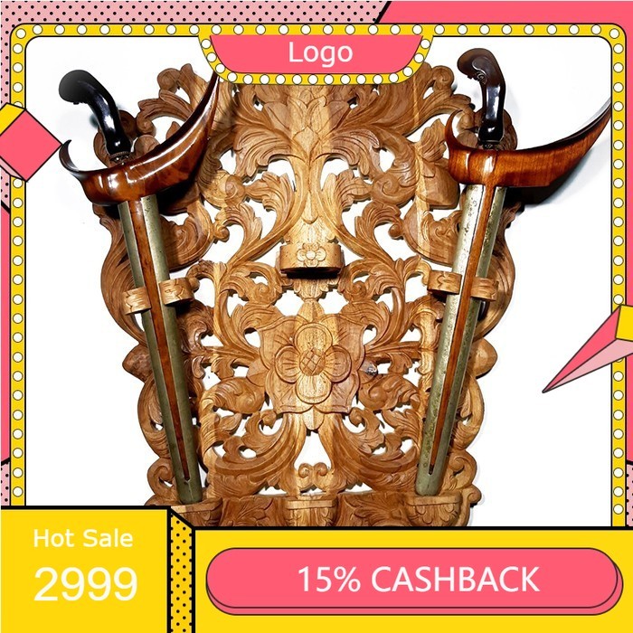 Blawong Tempat Keris Tempel Dinding Isi 3 Kayu Jati Ukir Kembang LRS2